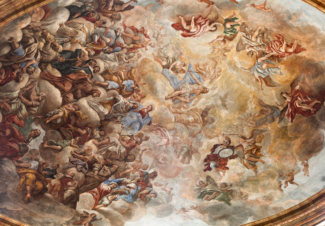 Fresky Paola de Matteis z roku 1714 na klenbě a na bubnu, zobrazující život světce, kaple San Cataldo v katedrále, Taranto, Itálie (foto) od Paolo di Matteis