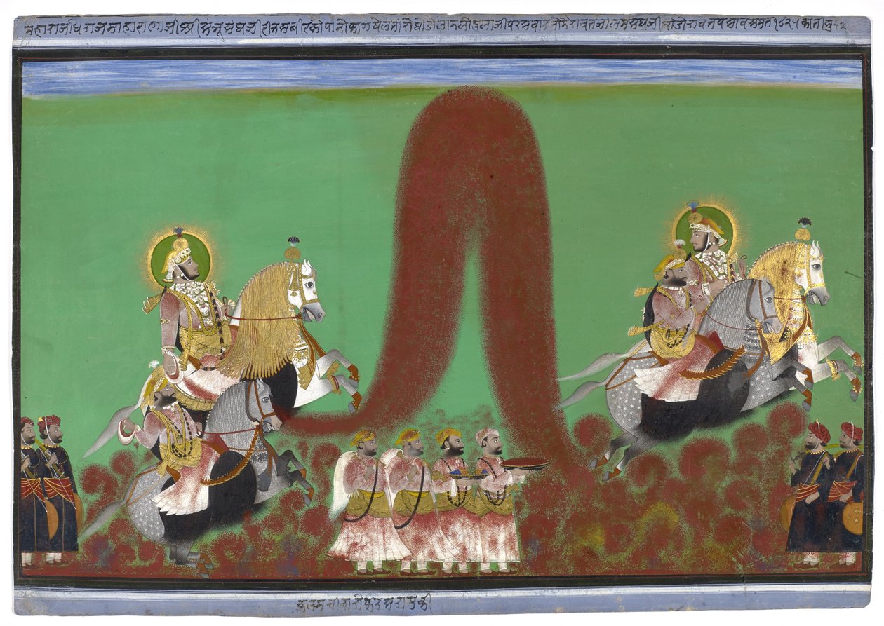 Maharana Shambhu Singh z Mewar Playing Holi, 1868-69 (kvaš se zlatem na papíře) od Parasuram Parasuram
