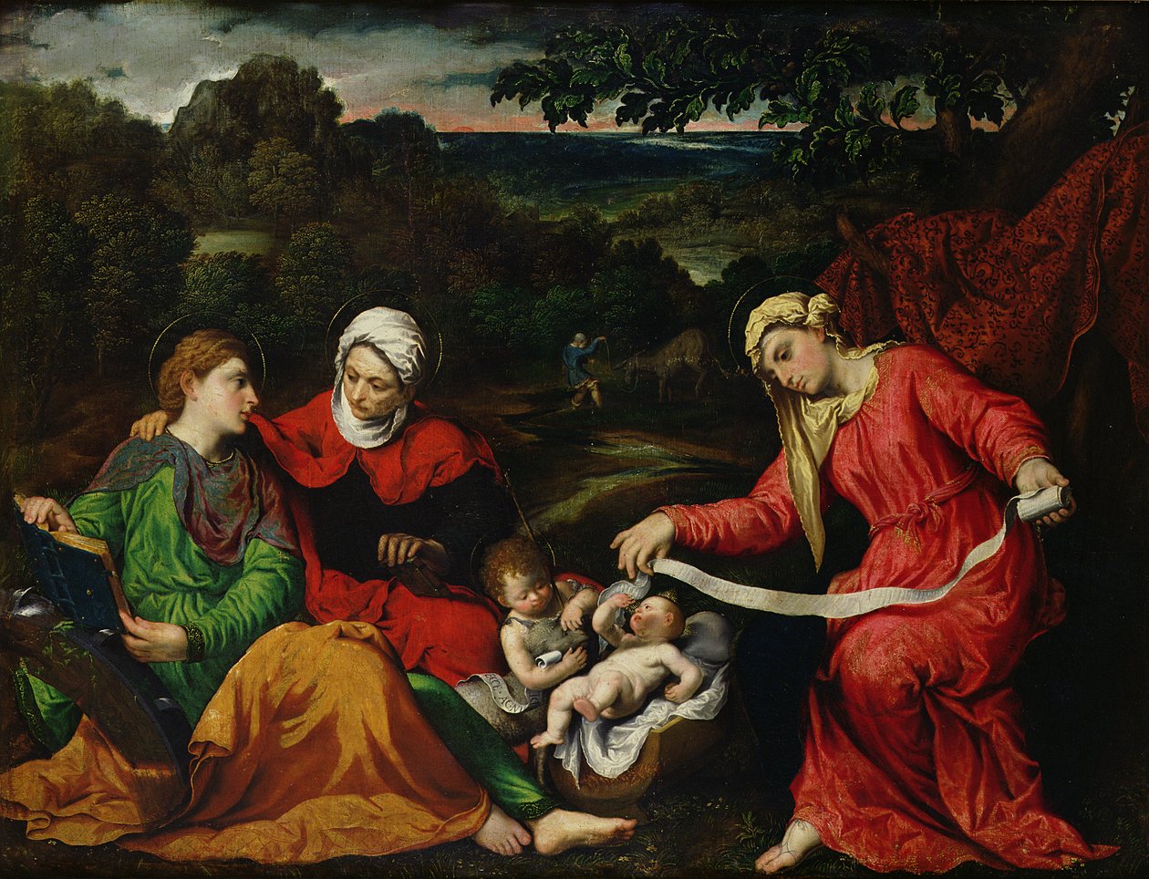 Odpočinek při útěku do Egypta se svatým Janem Křtitelem, svatou Alžbětou a svatou Kateřinou kolem roku 1545 od Paris Bordone