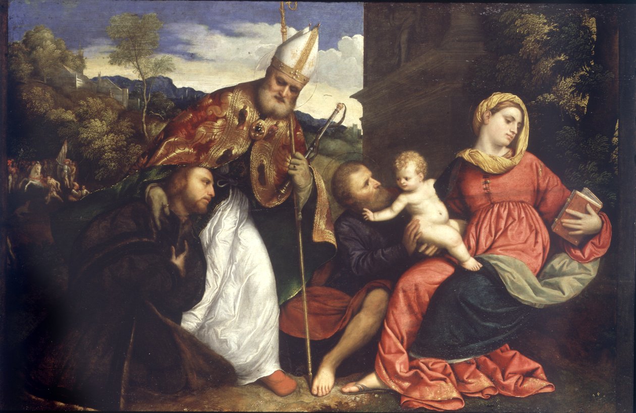 Svatá rodina se sv. Ambrožem představuje dárce, kolem 1525 (olej na panelu) od Paris Bordone