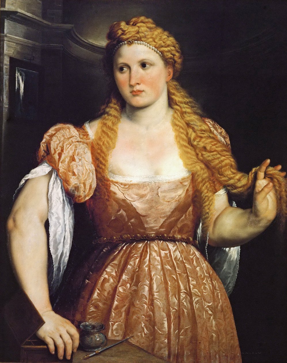 Portrét mladé ženy na její toaletě - Paris Bordone (Bordon) (1500-1571). Olej na plátně, c. 1550. Rozměr : 102x81 cm. Uměleckohistorické muzeum, Vienne od Paris Bordone