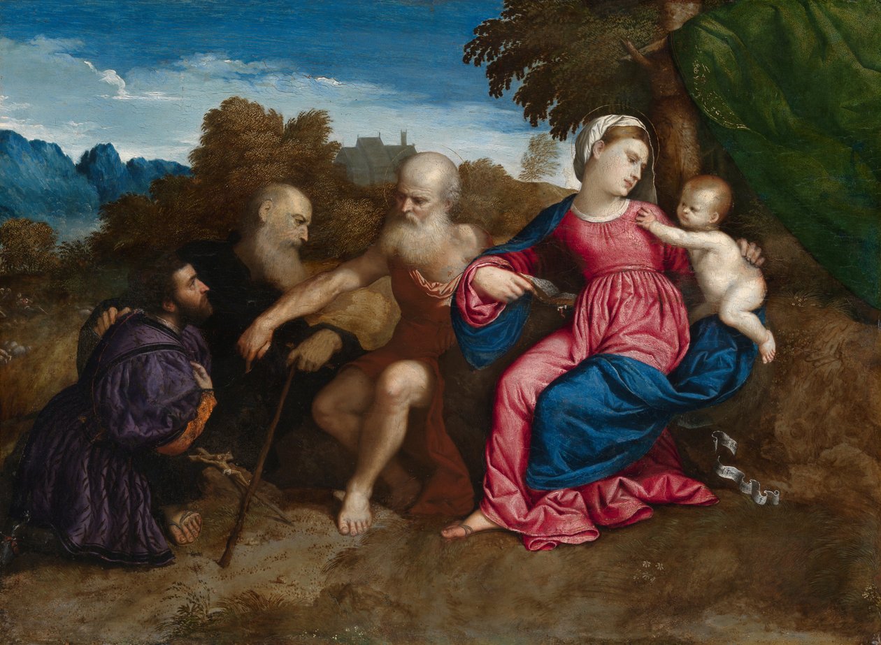 Panna Maria s dítětem se svatými Jeronýmem a Anthonym Abbotem a donátorem, kolem roku 1522 (olej na topolové desce) od Paris Bordone