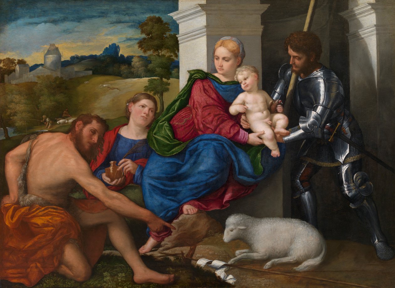 Panna a dítě se svatými Janem Křtitelem, Marií Magdalenou a Jiřím (možná), kolem roku 1524 (olej na desce) od Paris Bordone