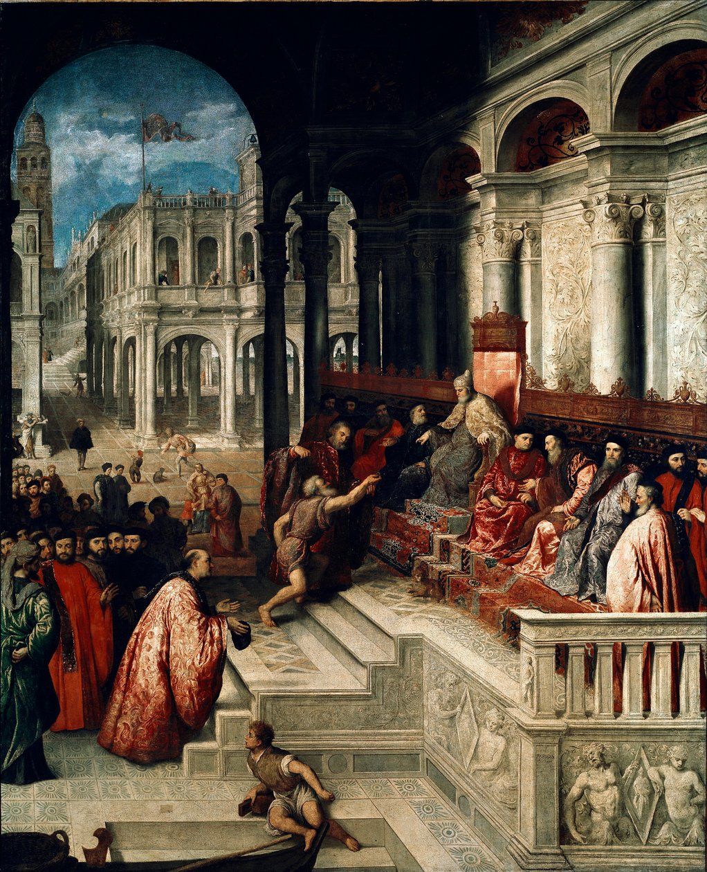 Předání dóžecího prstenu Andrea Gritti (1455-1538) Obraz Paris Bordon nebo Bordone (1500-1571) cca 1540. Galerie dell