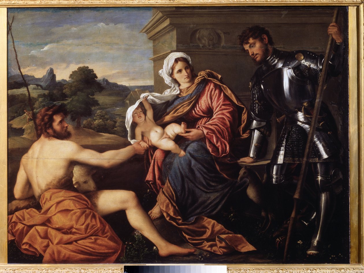 "Madona s dítětem, svatý Jan Křtitel a svatý Jiří" (Madona a dítě, svatý Jan Křtitel a svatý Jiří) Obraz Paris Bordon nebo Bordone (1500-1571) kolem 1530 Pouchkine Museum, Moskva od Paris Bordone
