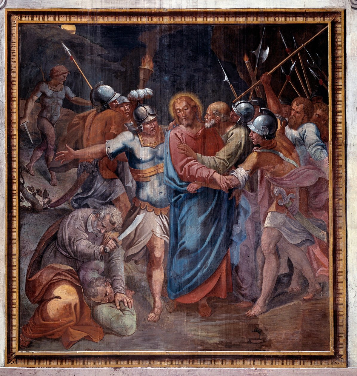 Život Kristův: „“ Jidášův polibek a zajetí Krista“ (Kristovo umučení, Jidášův polibek a zajetí Ježíše) Freska od Paris Nogari (1536-1601) 1594-1600 Řím Kostel Santa Prassede (Santa Prassede) Itálie od Paris Nogari