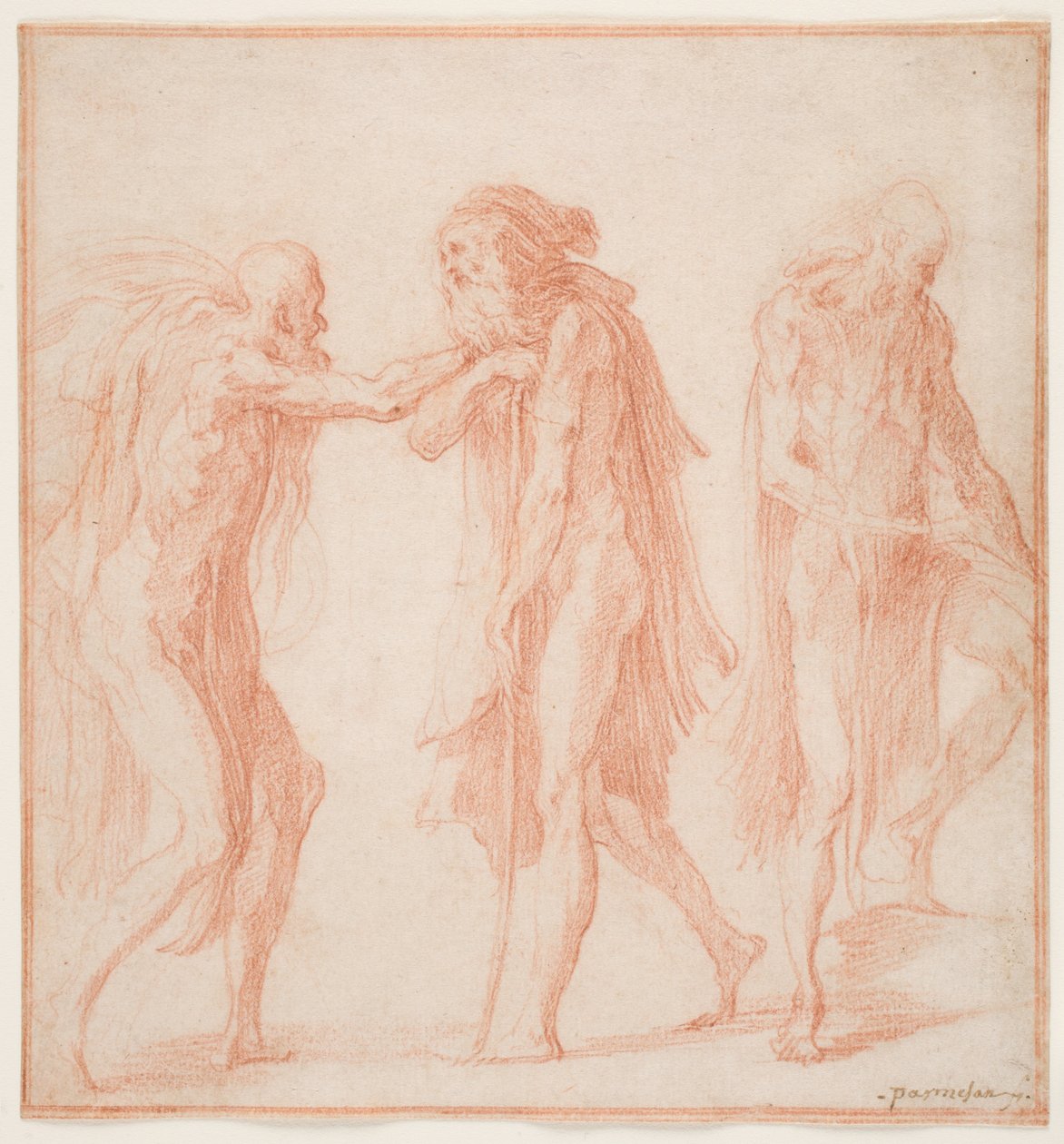 Tři staříci, cca 1535 (červená křída na papíře) od Parmigianino