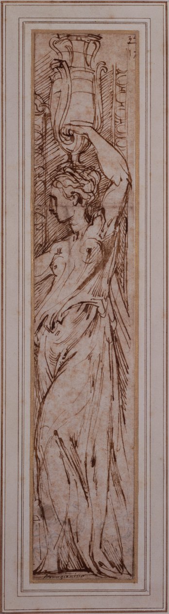 Canephoros v profilu doleva (pero, inkoust a mytí na papíře) od Parmigianino
