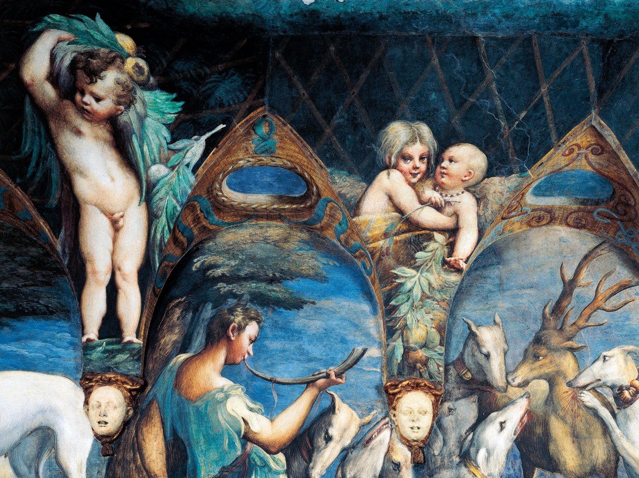Actaeon napadený psy, detail z mýtu o Dianě a Actaeon, cca 1524, Francesco Mazzola, známý jako Parmigianino (1503-1540), freska, Pokoj Diany a Actaeon, Rocca Sanvitale, Fontanellato, poblíž Parmy, Emilia-Romagna, Itálie od Parmigianino (1503 40)