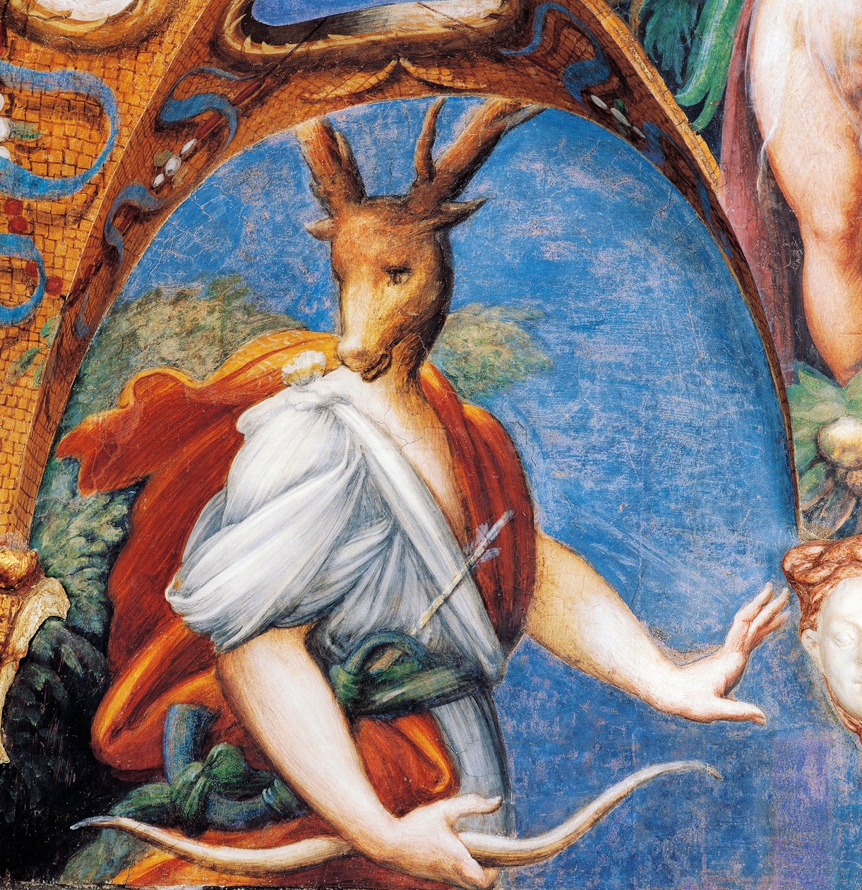 Actaeonova proměna v jelena, z mýtu o Dianě a Actaeonu, cca 1524, od Francesca Mazzoly známého jako Parmigianino (1503-1540), freska, Pokoj Diany a Actaeona, Rocca Sanvitale, Fontanellato, poblíž Parmy, Emilia-Romagna, Itálie od Parmigianino
