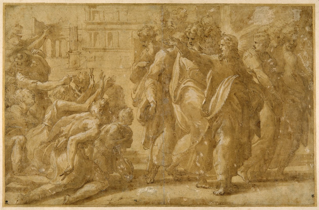 Kristus se svými učedníky uzdravující malomocné (pero, inkoust, mytí a tělová barva na papíře) od Parmigianino (1503 40)
