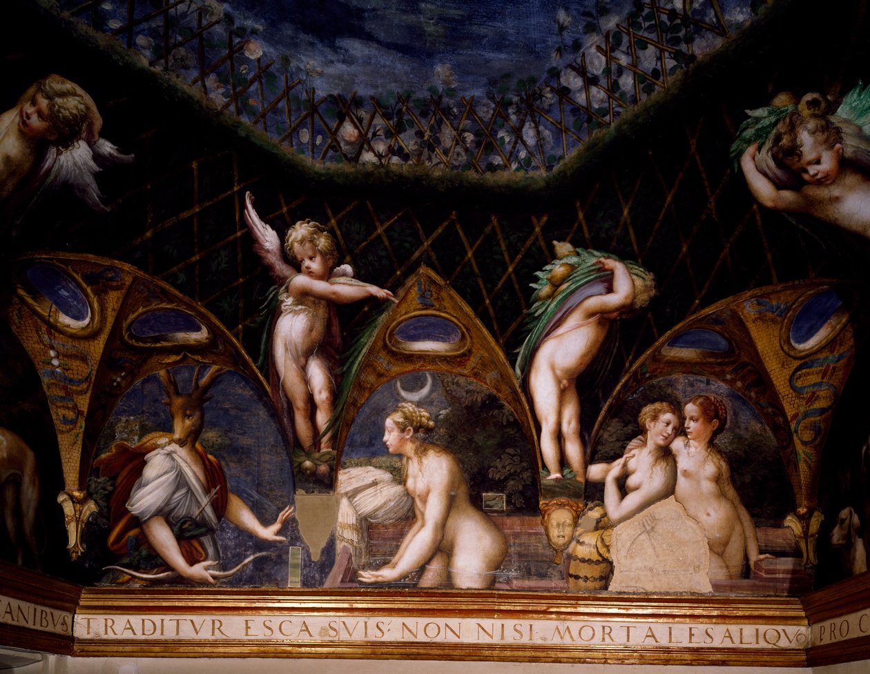 Diana proměnila Actaeona v jelena, scéna z Mýtu o Dianě a Actaeon od Parmigianino