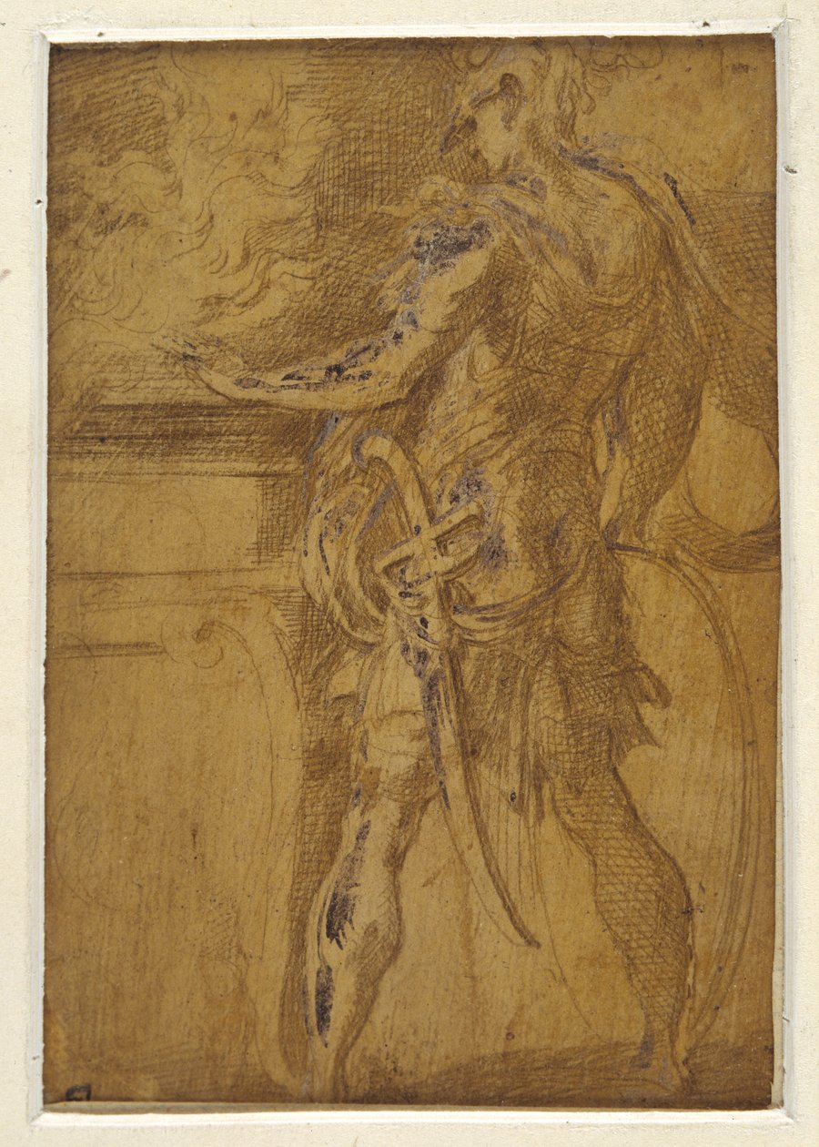 Mucius Scaevola strčí ruku do plamenů (kovový hrot na nažloutlé zemi, na papíře se dotýká bílé barvy těla) od Parmigianino (1503 40)