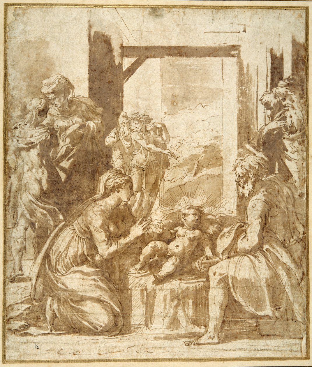 Narození Páně (pero a hnědý inkoust s hnědým praním na bílém papíře) od Parmigianino