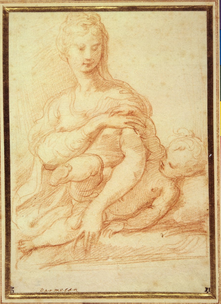 Panna hrající si s dítětem na klíně (červená křída na bílém papíře) od Parmigianino