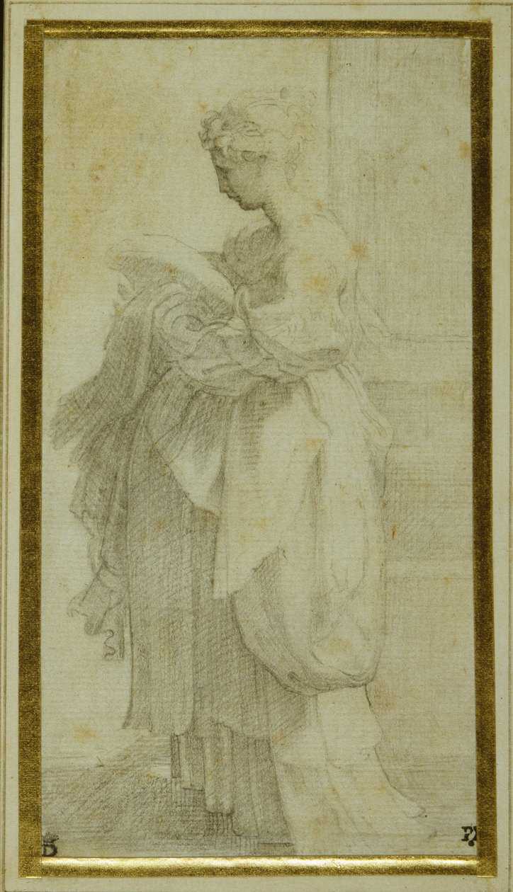 Stojící postava dívky s objemnými závěsy (černá křída na bílém papíře) od Parmigianino 
