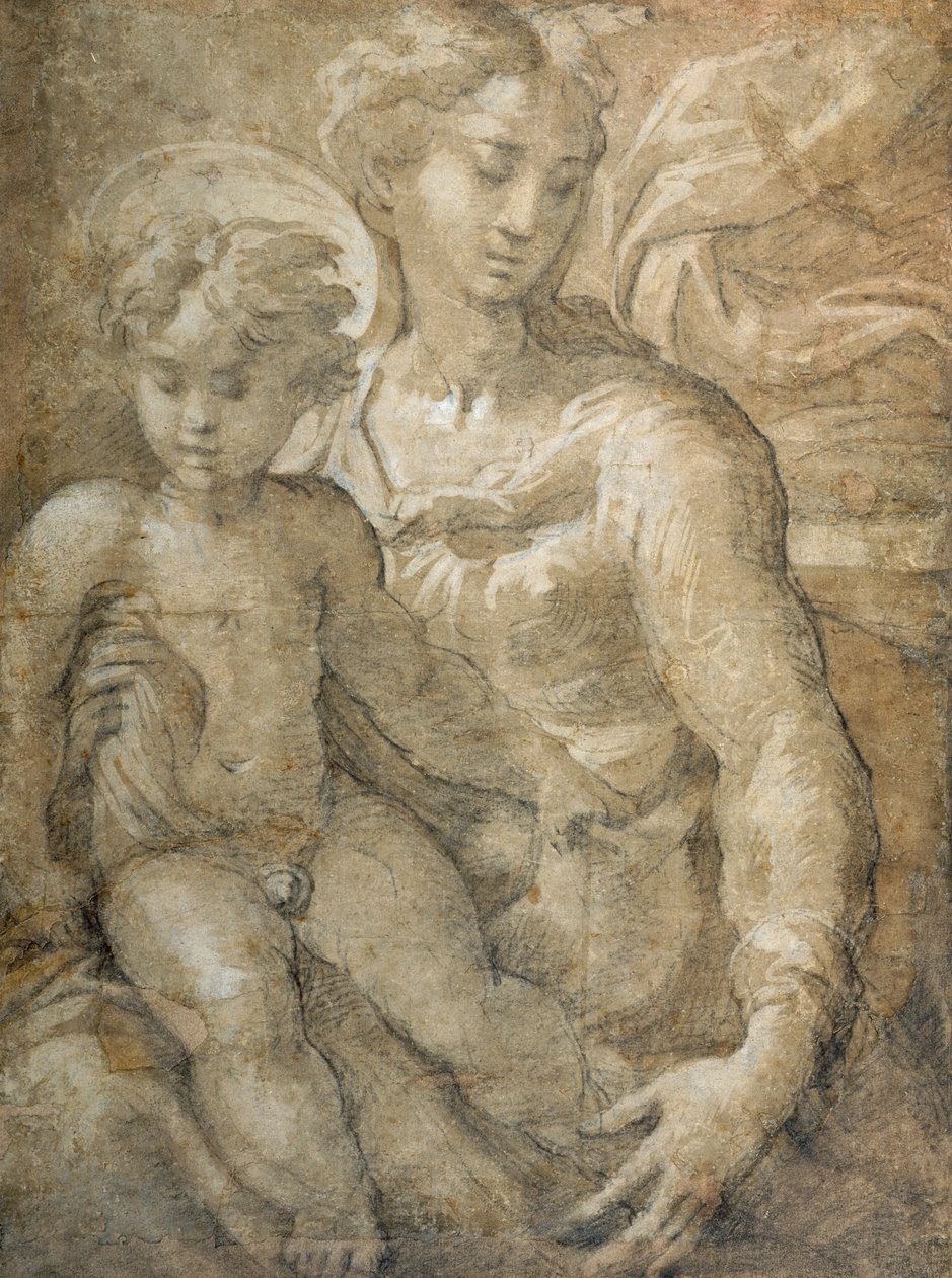 Panna s dítětem na klíně (černá křída s hnědým praním a bílou barvou těla na papíře) od Parmigianino 