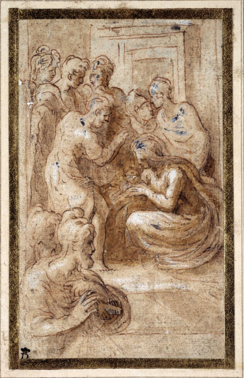 Adorace Svaté rodiny v interiéru (pero a hnědý inkoust s hnědým praním a bílým zvýrazněním na krémovém papíře) od Parmigianino 