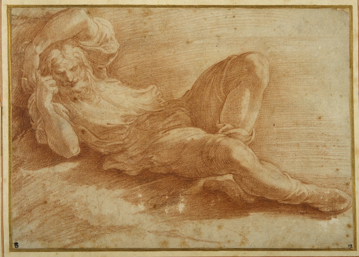 Vousatá postava, spící (červená křída na bílém papíře) od Parmigianino