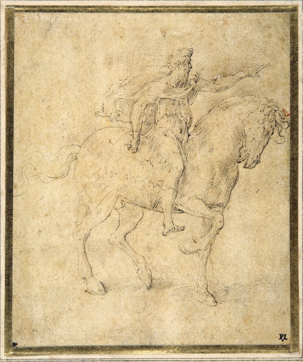Jezdecká figurka (pero a hnědý inkoust s hnědým praním na bílém papíře) od Parmigianino
