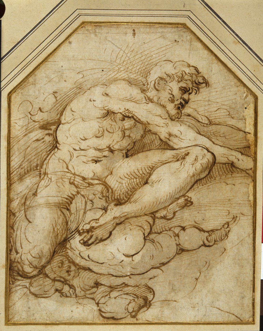 Mužská postava, narozená ve vzduchu v oblacích pomocí putti (pero a hnědý inkoust s perem na papíře) od Parmigianino