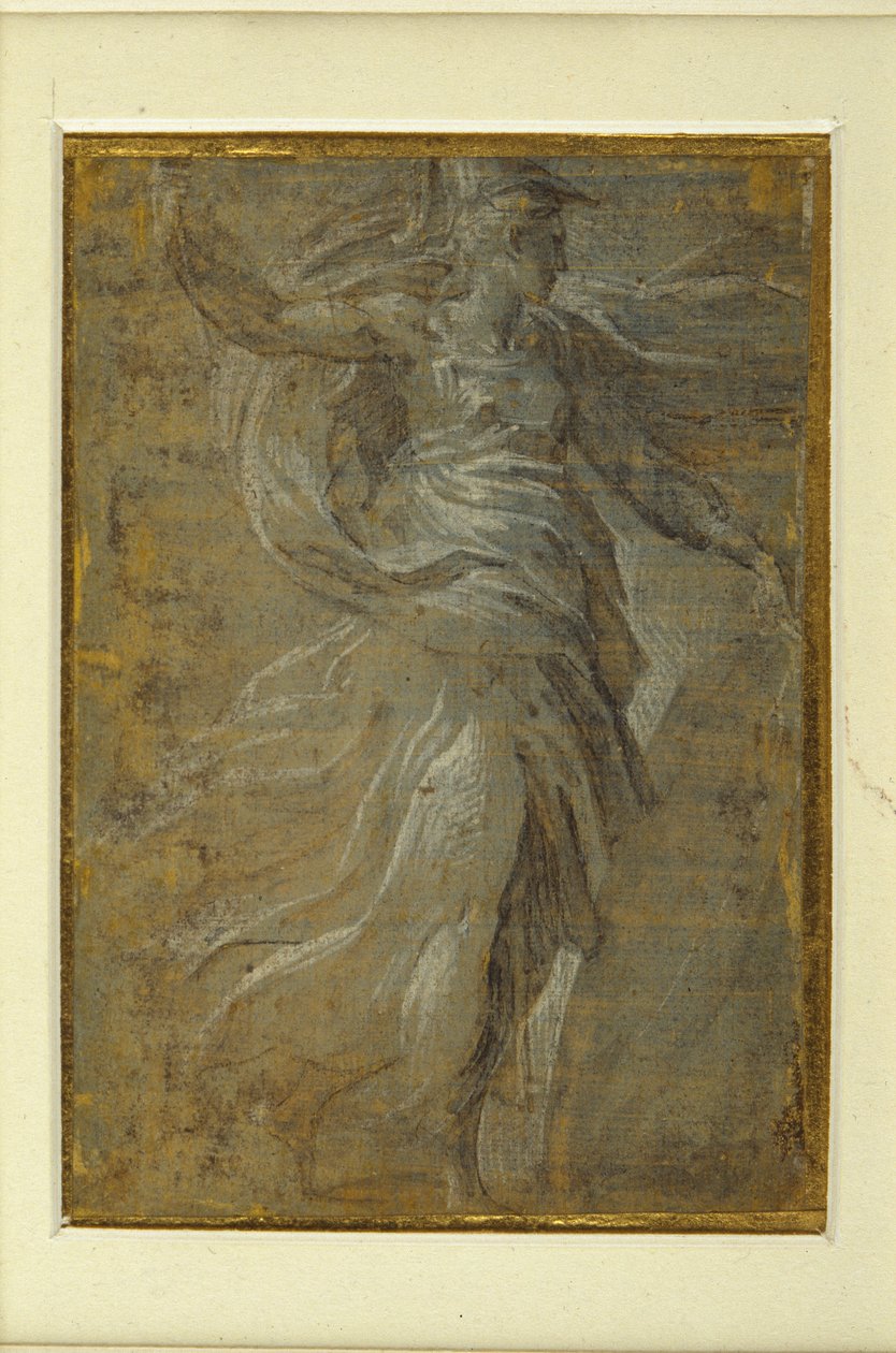 Minerva se štítem v levé ruce, kopím v pravé (kovový hrot na připravené nažloutlé půdě) od Parmigianino