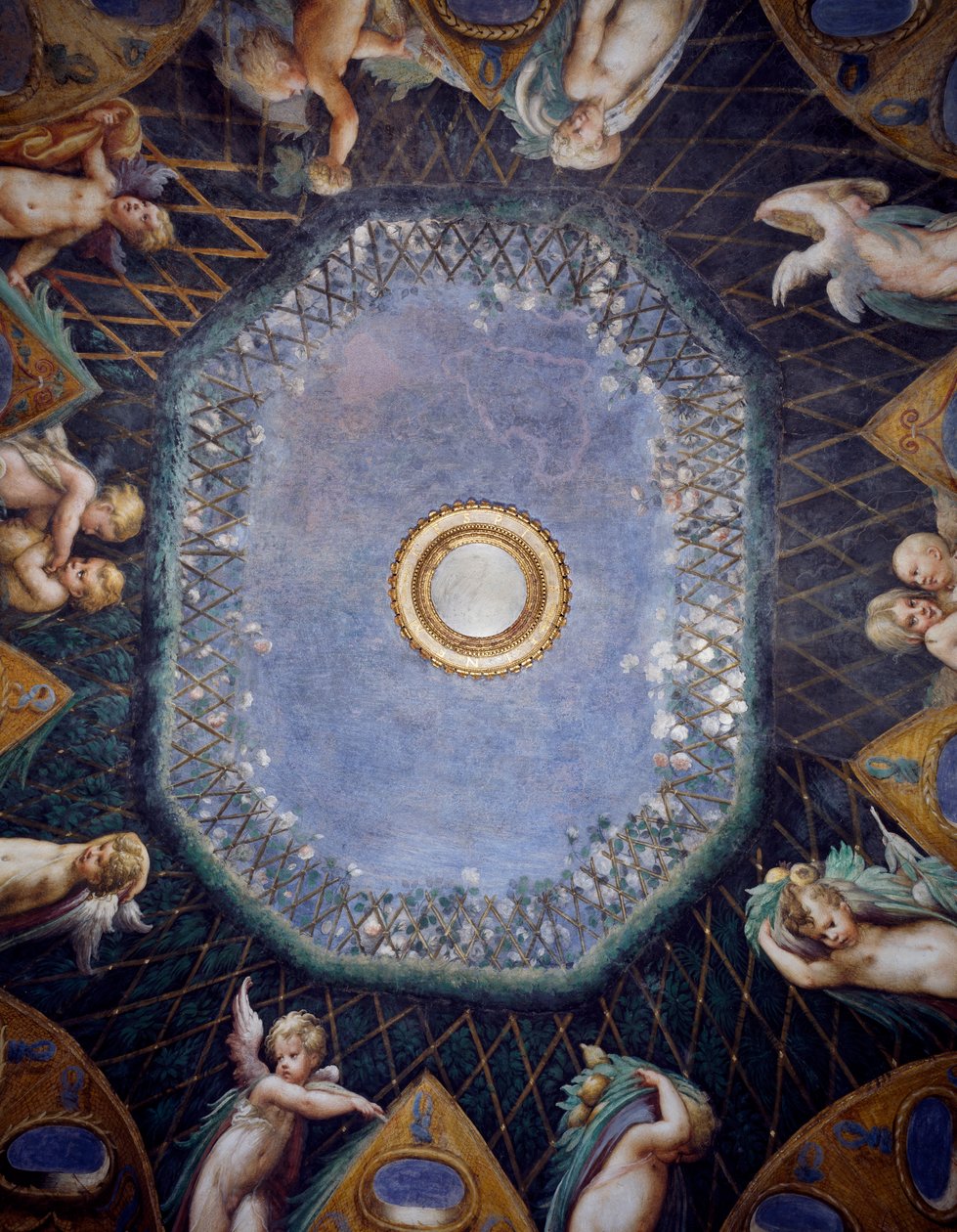 Putti and Glimpse of sky, circa 1524, Francesco Mazzola, známý jako Parmigianino (1503-1540), freska, klenba Room of Diana a Actaeon, Rocca Sanvitale, Fontanellato, poblíž Parmy, Emilia-Romagna, Detail, Itálie od Parmigianino
