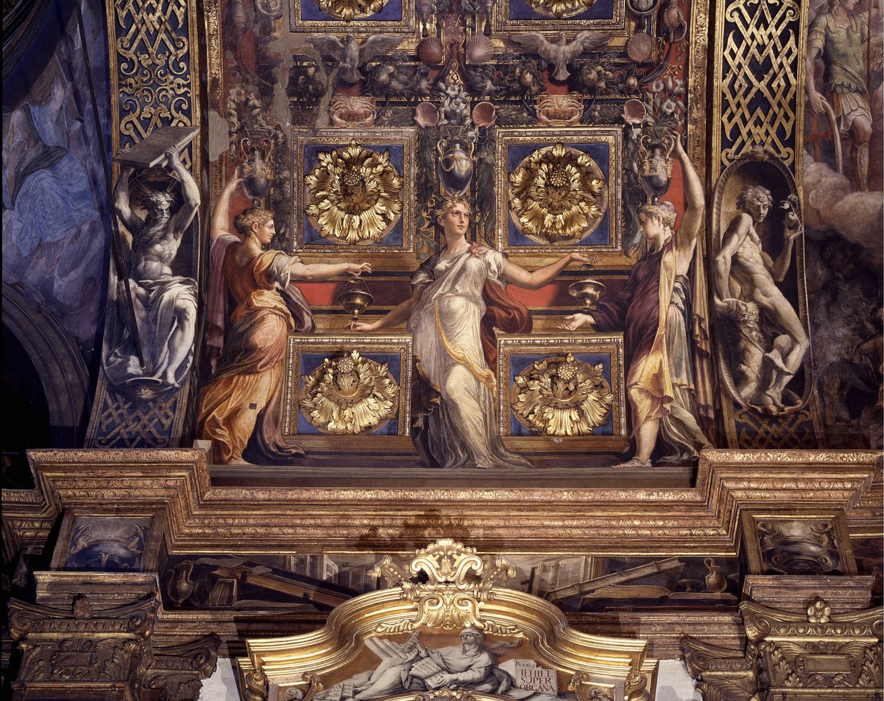 Tři z pěti bláznivých panen. Detail fresek od Francesca Mazzoly (1503-1540) známých jako The Parmigianino (Parmezán), které zdobí hlavní klenbu hlavní kaple kostela Madonna della Steccata v Parmě. od Parmigianino
