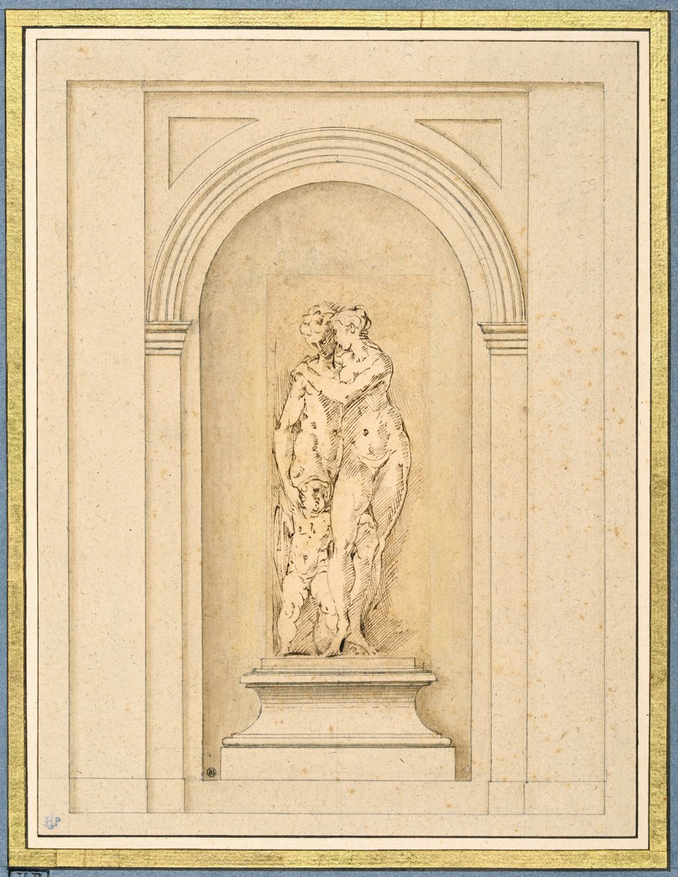 Dvě postavy a amor obklopený pozdějším architektonickým rámem od Parmigianino