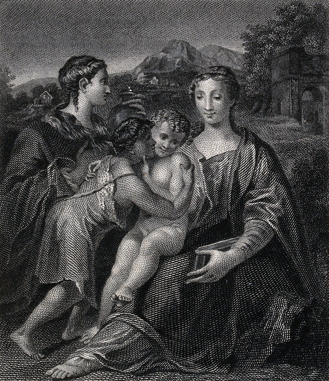 Svatá Marie (blahoslavená Panna) s Ježíškem, svatým Janem Křtitelem a svatou Marií Magdalenou. Rytina podle G.F.M. Mazzoly, il Parmigianina. od Parmigianino