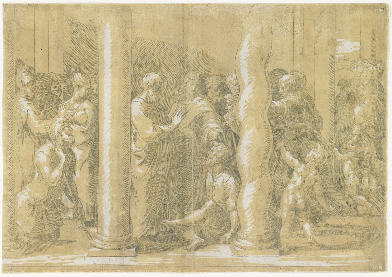 Svatí Petr a Jan Uzdravování nemocných u bran chrámu, c. 1530 od Parmigianino