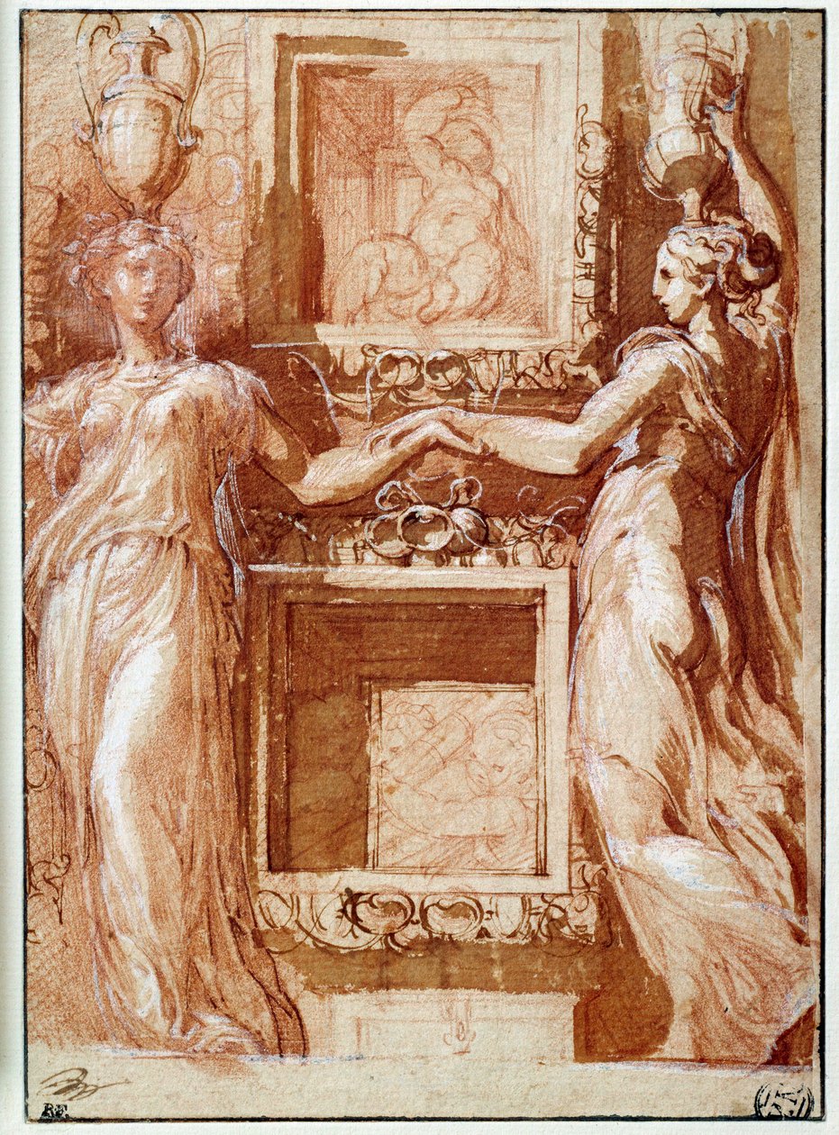 Dva canephores podávající ruku, na obou stranách krabic Kresba inkoustem, lazurou, krví a bílými chlopněmi od Girolama Francesco Maria Mazzola dit Parmigianino nebo Le Parmesan od Parmigianino