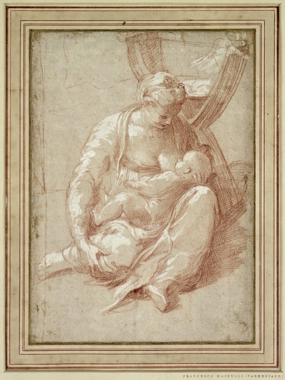 Panna sedí na zemi, kojí dítě od Parmigianino