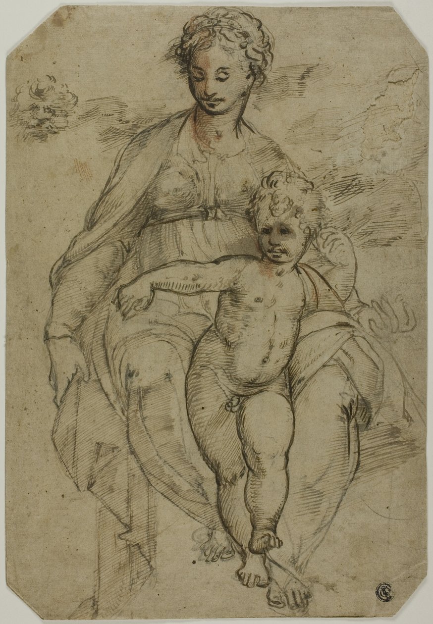 Panna a dítě (recto); Náčrt tří svatých a náčrt karikatur (verze) od Parmigianino