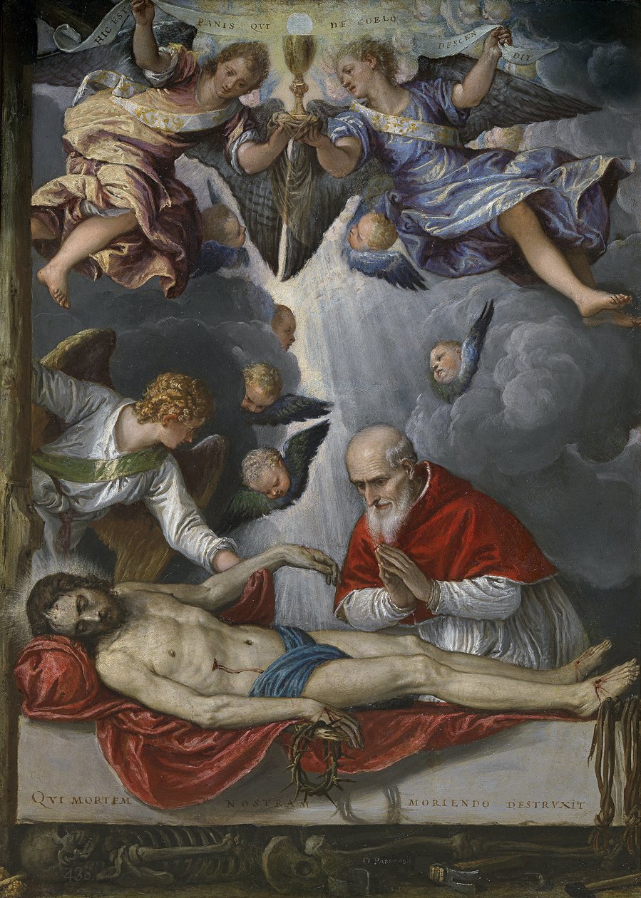 Mrtvý Kristus, zbožňovaný papežem Piem V. (Antonio Michele Ghislieri od Parrasio Micheli