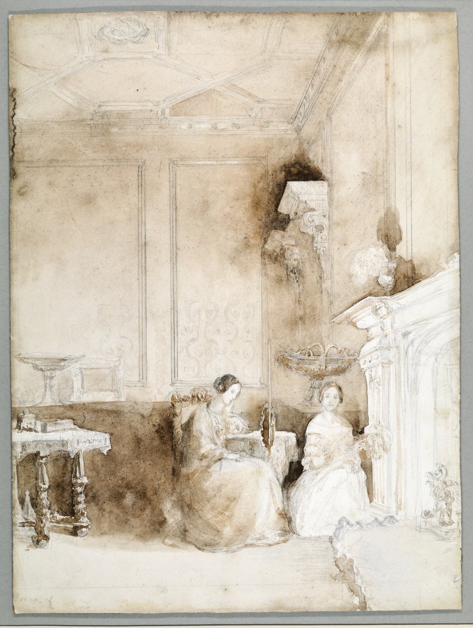 Florence Nightingale a Marianne Nicholsonová v přijímacím pokoji v Embley, kolem roku 1830 (tužka a mytí na papíře) od Parthenope Nightingale