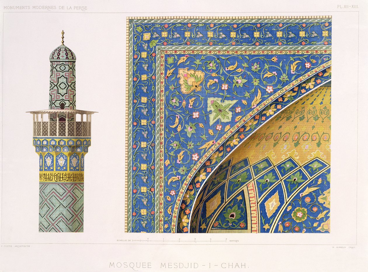 Architektonické detaily z Mesdžid-i-Šah, Isfahán, deska 12-13 z knihy "Modern Monuments of Persia", vyryl H. Himely, 1856. od Pascal Xavier Coste
