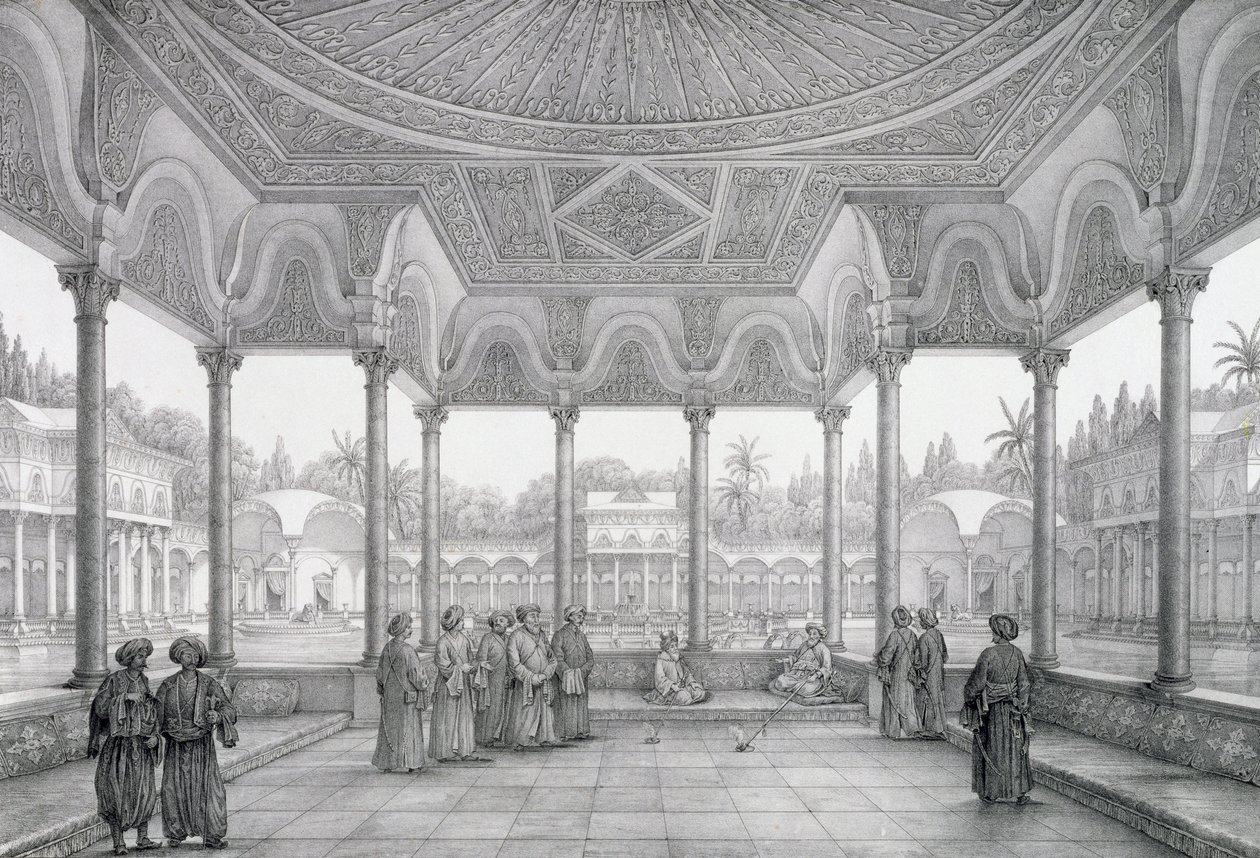 Fontána a kiosek zahrady Choubrah, z „Památky a budovy Káhiry“, vyryl Auguste Hibon (1780-1857), vydal Letronne, Paříž, 1829 od Pascal Xavier Coste