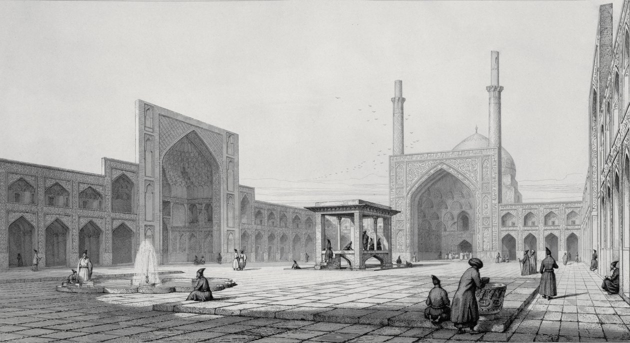 Mešita Velkého pátku (Masjid-i Djum-ah) v Isfahánu, z „Voyage Pittoresque“ z Persie, vyryla Auguste Guillaumot, vydal Lemercier, Paříž, 1856 od Pascal Xavier Coste