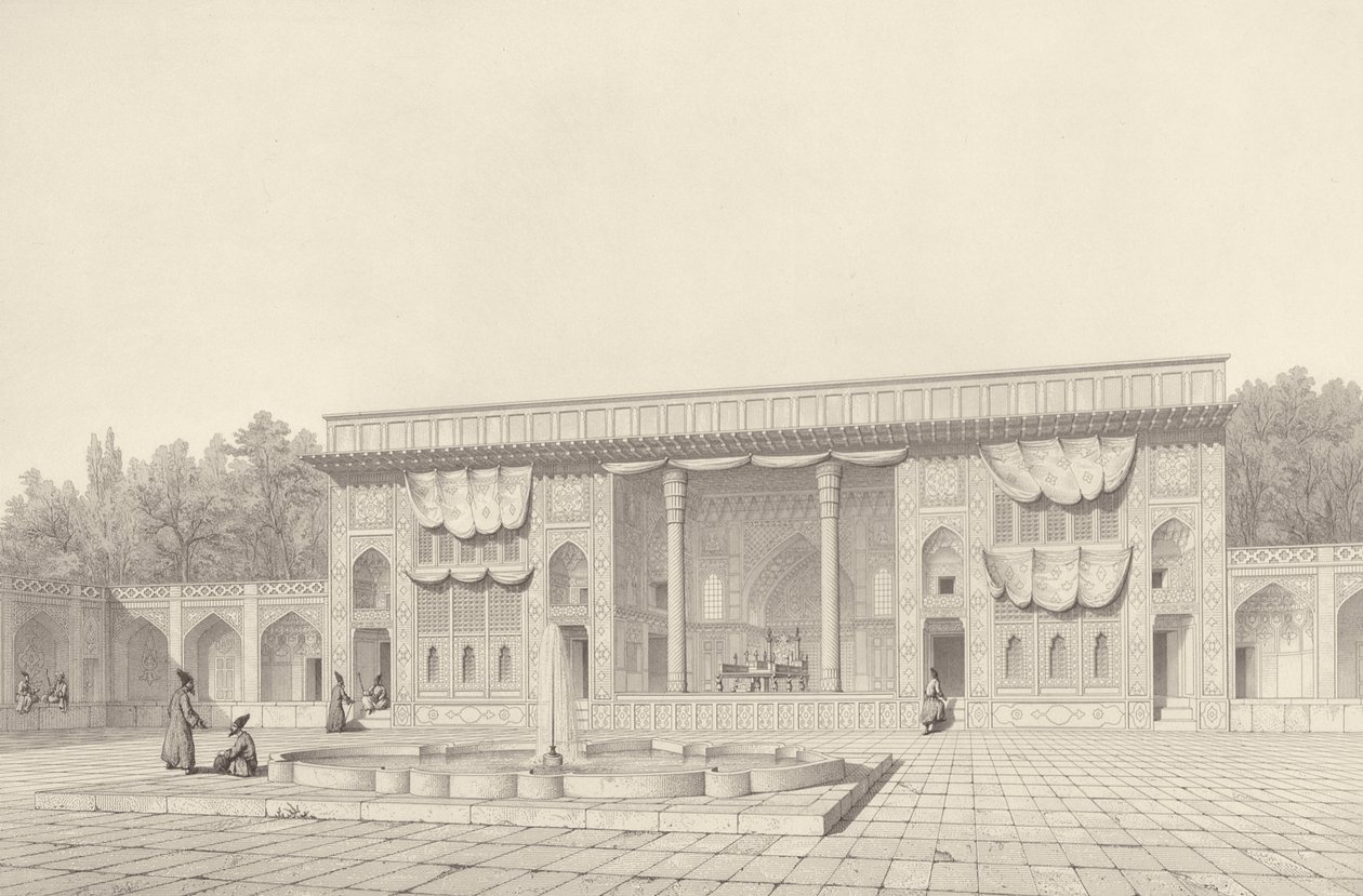 Throne Pavilion, v Teheránu, z Voyage Pittoresque of Persia, rytý Claude Sauvageot (1832-85), vydal Lemercier, Paříž, 1856 od Pascal Xavier after Coste