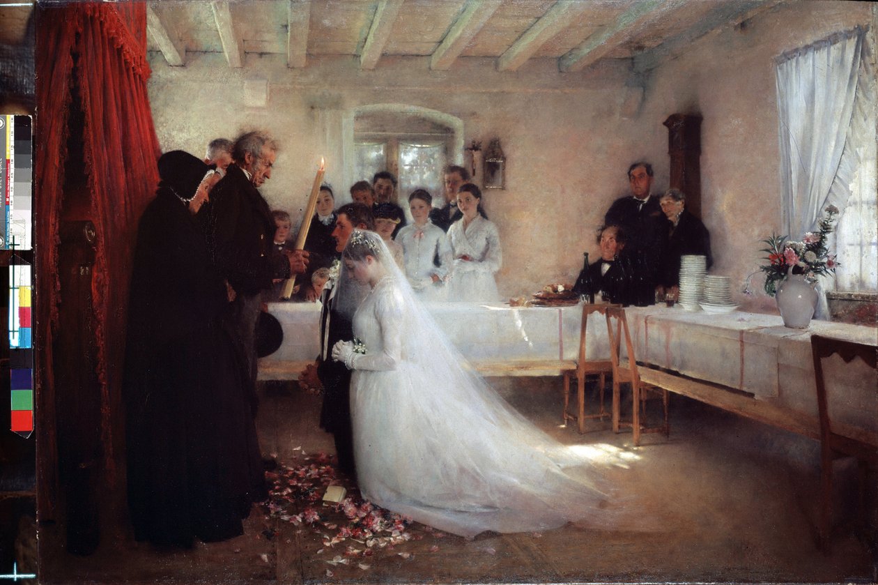 "Snubní požehnání" (Svatba) Obraz Pascala Adolphe Jean Dagnan-Bouveret (Dagnan Bouveret) (1852-1929) 1880-1881 Puškinovo muzeum Moskva od Pascal Adolphe Jean Dagnan Bouveret