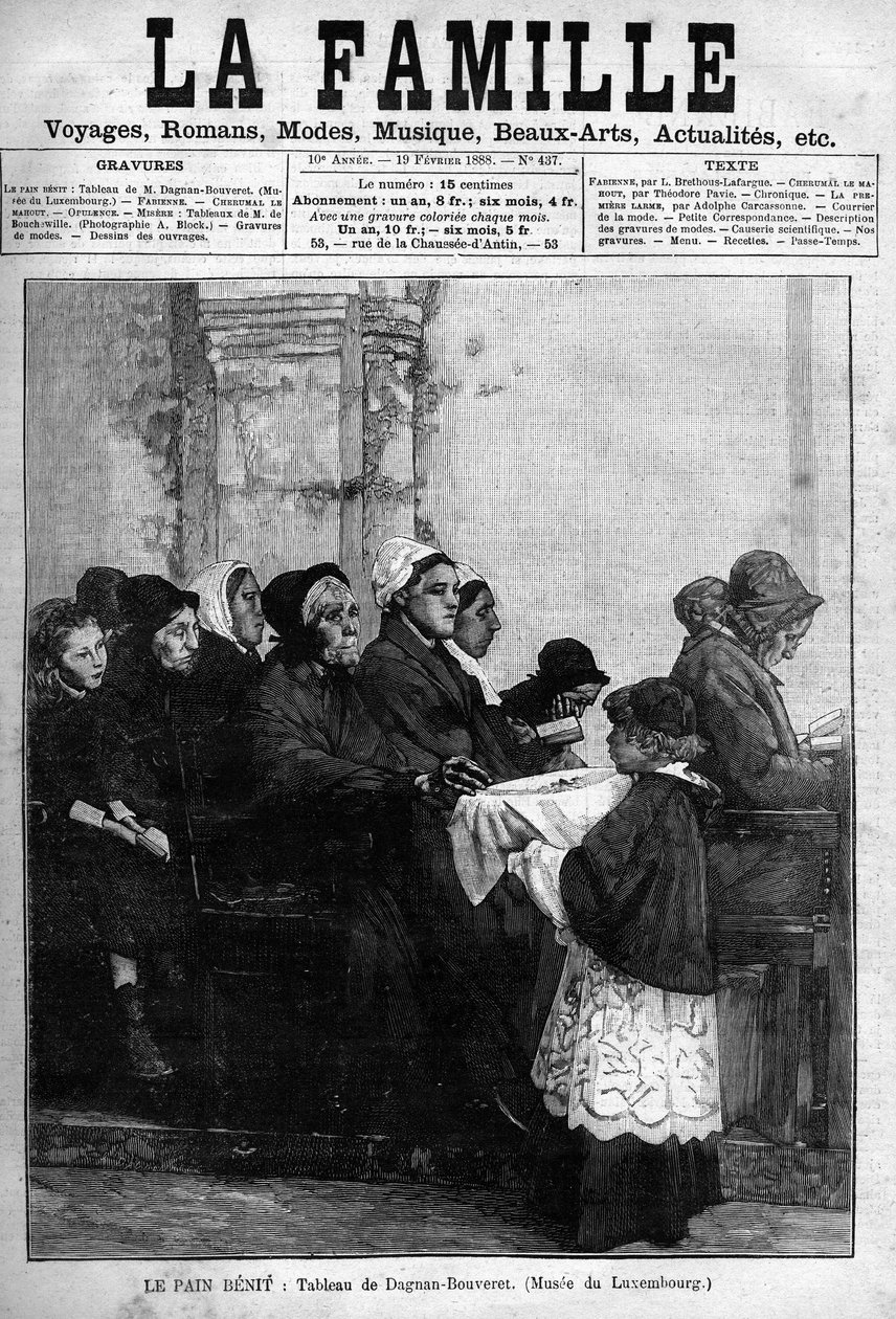 Chléb benit, rytý z roku 1888 podle obrazu od Dagnana-Bouvereta. Obálka novin z roku 1888 „La famille“. od Pascal Adolphe Jean Dagnan Bouveret