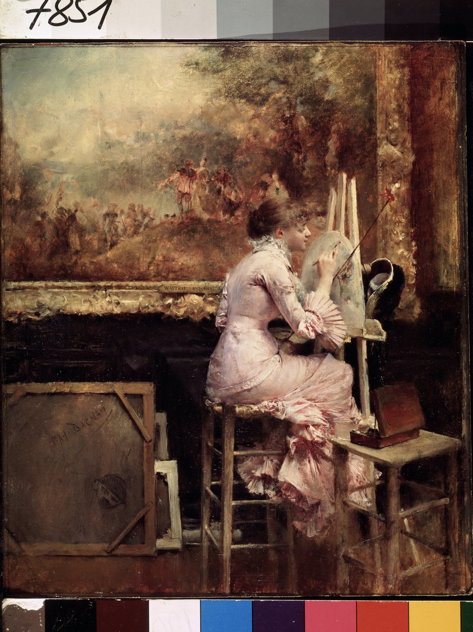 ""Mladá umělkyně dělá akvarel v muzeu Louvre"" (Mladá akvarelistka v Louvru) Je oblečená v módě Belle Epoque a sedí na stoličce. Obraz Pascala Adolphe Jean Dagnan-Bouveret (Dagnan Bouveret) (1852-1929) kolem roku 1889 od Pascal Adolphe Jean Dagnan Bouveret