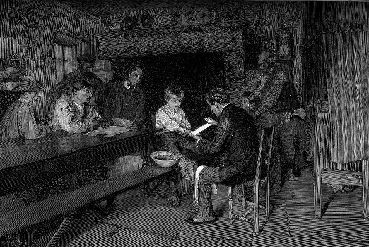 Nehoda (1879): lékař léčí zranění mladého rolníka. Rytina podle obrazu Pascala Dagnana-Bouvereta (Dagnan Bouveret) (1852-1929). V „The Illustrous World““ č. 1208 z 22. května od Pascal Adolphe Jean Dagnan Bouveret