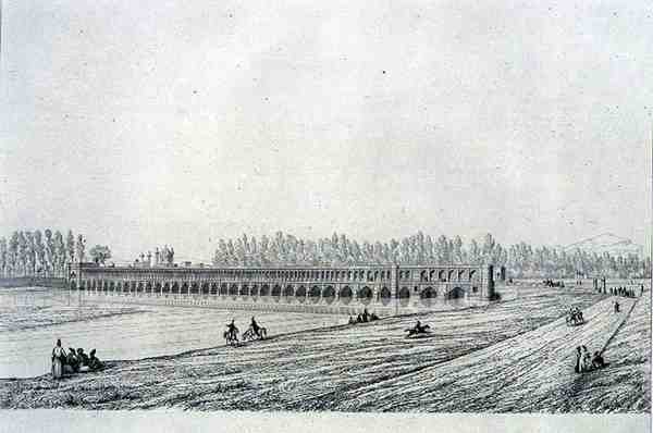 Most Allah Verdi Khan, v Isfahánu, z „Voyage Pittoresque“ z Persie, vyrytý Claudem Sauvageotem (1832-85), nakladatelství Lemercier, Paříž od Pascal Xavier (after) Coste