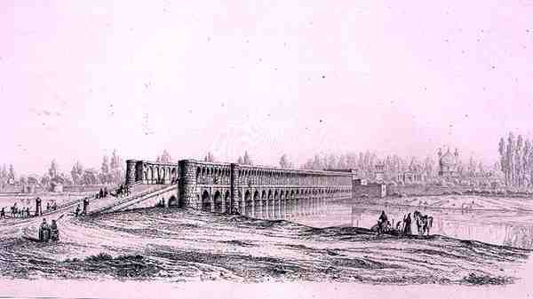 Most Allah Verdi Khan, v Isfahánu, z „Voyage Pittoresque“ z Persie, vyrytý Claudem Sauvageotem (1832-85), vydal Lemercier, Paříž od Pascal Xavier (after) Coste