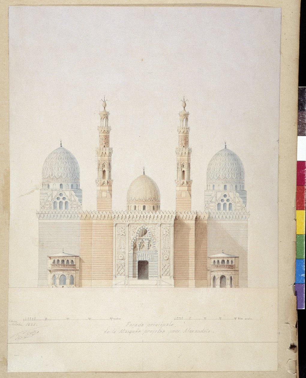 Architektura: projekt hlavního průčelí mešity v Alexandrii. Egypt. Kresba Pascala Coste (1787-1879) od Pascal Xavier (after) Coste