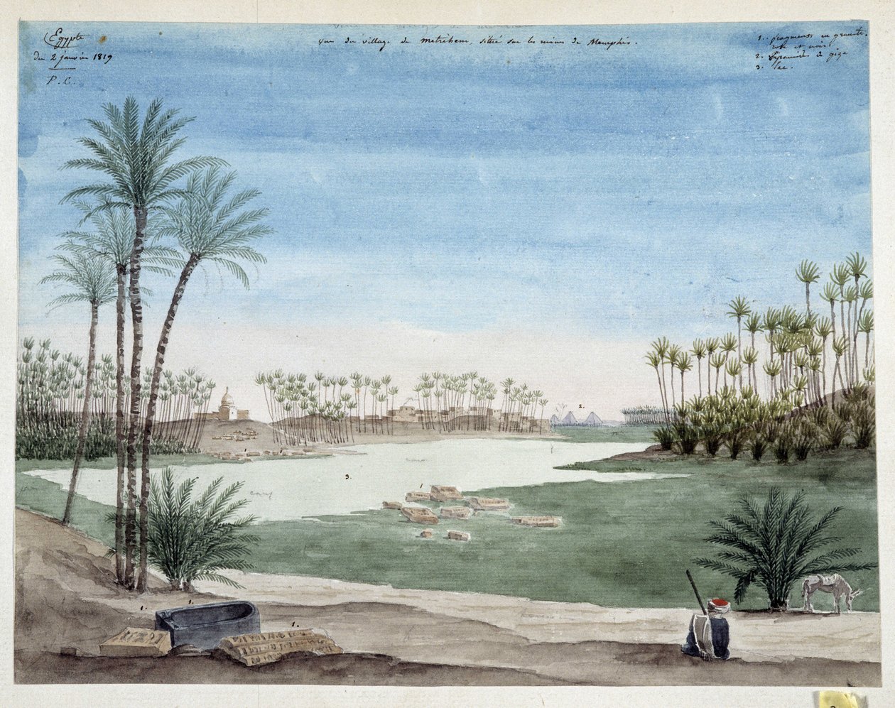 Egypt: Pohled na vesnici Metriham poblíž Memphisu. 1819 Kresba Pascala Coste (1787-1879) Muzeum středomořské archeologie, Marseille od Pascal Xavier (after) Coste