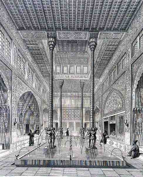 Interiér paláce Chahar Bagh, v Isfahánu, z „Pittoresque Voyage“ z Persie, vyrytý Claudem Sauvageotem (1832-85) a Jeanem Charlesem Huguetem (nar. 1815), vydavatelství Lemercier, Paříž od Pascal Xavier (after) Coste