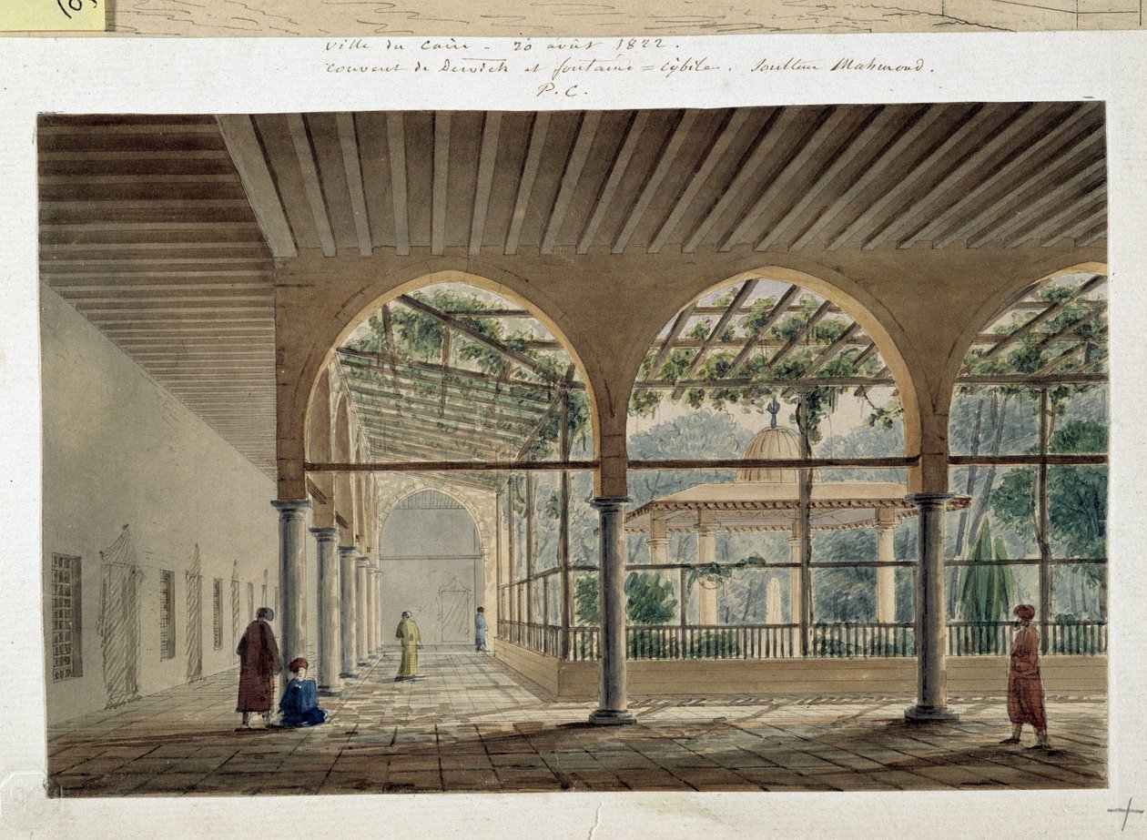 Orientalismus: dervišský klášter a fontána. Kresba Pascala Coste (1787-1879) od Pascal Xavier (after) Coste